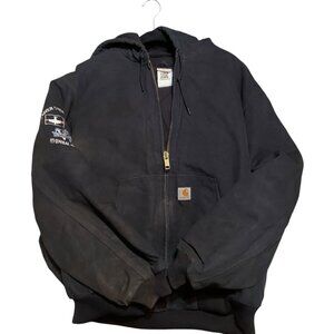 VTG 90s CARHARTT Jacket Duck Chore Quilted Black Pipeline Embroidery Size XL USA